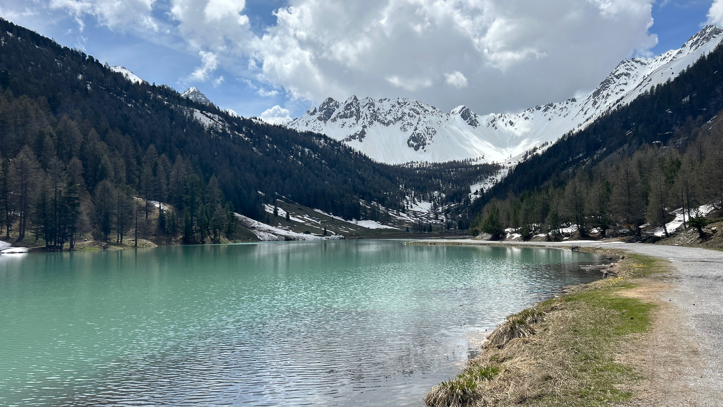 Lac turquoise, montagnes enneigées et forêts.